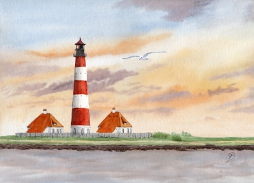 Postkarte DIN-A6  Aquarell Maritim Kunst Druck Kunstdruck Nordsee St. Peter Ording SPO Westerhever Leuchtturm Meer Strand